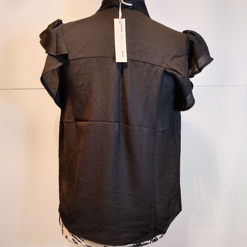 NWT Boutique Black Flutter Sleeve Tie Neck Blouse - Picture 7 of 10